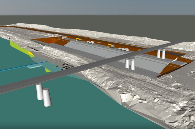 高水敷を掘り下げて護岸を施工する4Dシミュレーションのひとこま