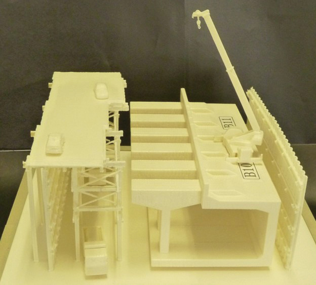 施工中の現場を先取りし、3D プリンターで作成した模型。発注者にも好評だった 