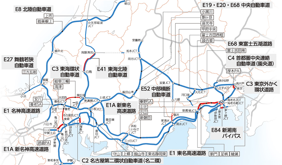 NEXCO 中日本が建設、維持管理する高速道路網。その延長距離は約 2,000 kmにも及ぶ