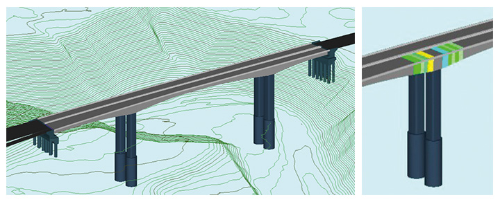 相模川橋の CIM モデル全景(左)と属性情報による上げ越し・下げ越しの見える化(右)
