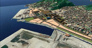 【図 4】Infraworks で大船渡市の復興計画を 3D 化したもの